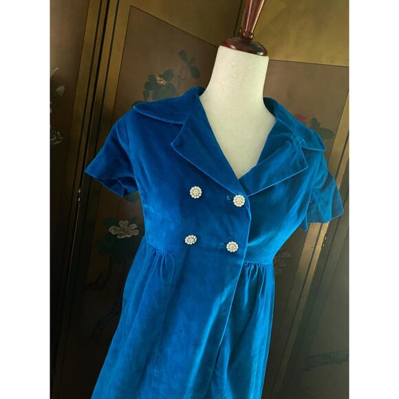 Blue velvet dress with jewel buttons and shirt sleeves, size S - Picture 2 of 5